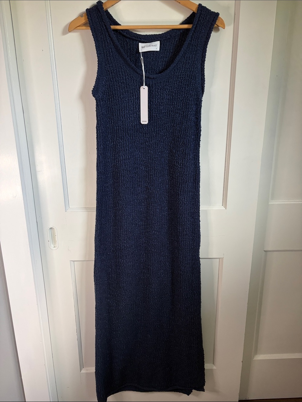 Self Contrast Textured Navy Sleeveless Maxi Dress